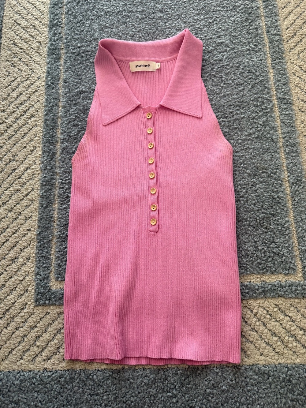 Pink Ribbed Sleeveless Polo Tank